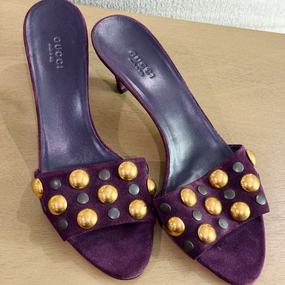 Vintage Gucci Babouska Suede Mule Heels Plum Purple Gold Italy Size 38.5 Y2K